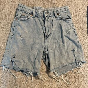 Blue Distressed Jean Shorts with Frayed Hem